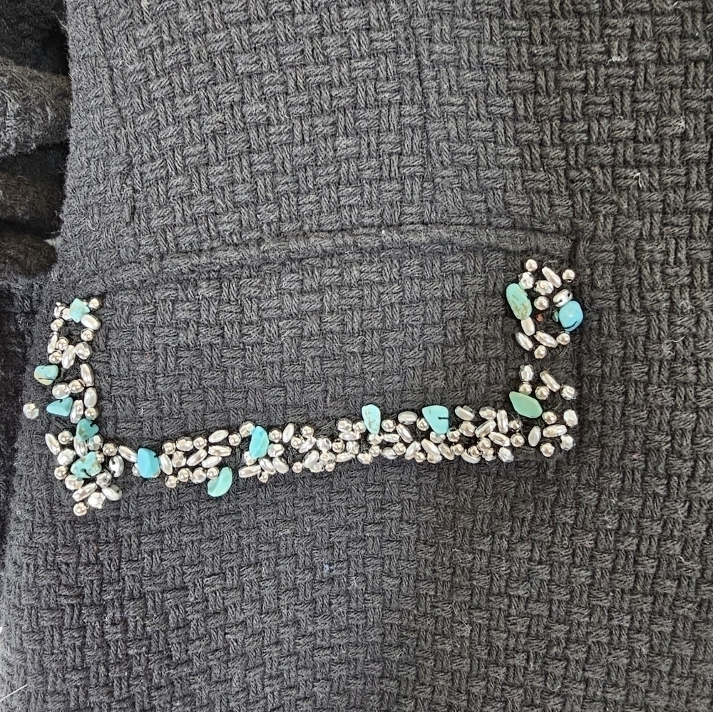 DEREK Lam 10 Crosby size 2 black gathered sleeve tweed blazer turquoise stones - Picture 2 of 6